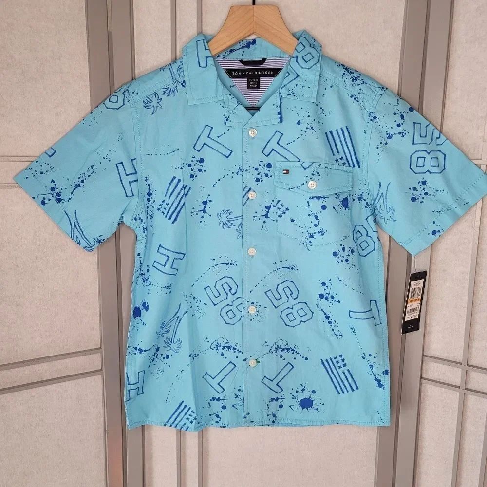 Tommy Hilfiger Blue Button Up Short Sleeved Shirt, Boys' Size Small, NWT